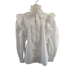 Custommade Denja Blouse Womens M White Ruffle Puff Sleeve Pearl Button Top
